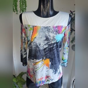 Mode Vin Rouge Multi Colored Abstract Top M
